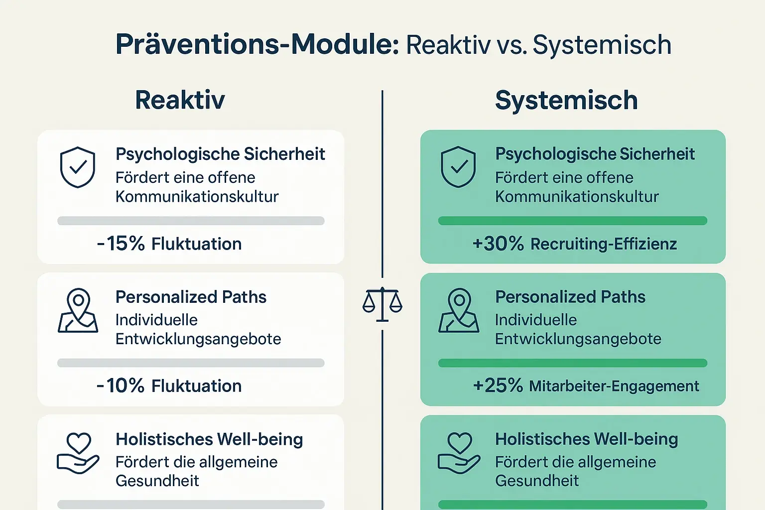 Vergleicht reaktive HR-Maßnahmen mit systemischen Präventionsmodulen, um Entscheidungsträgern Prioritäten und Wirkung zu verdeutlichen.