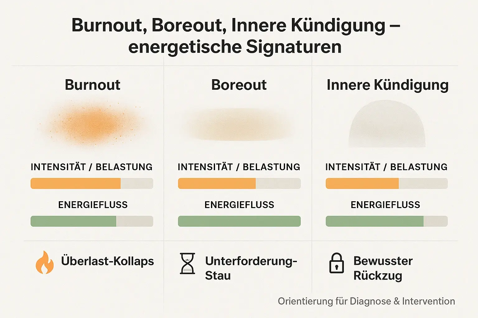 Drei Zustände, drei Muster: Die Grafik trennt Überlast-Kollaps, Unterforderungs-Stau und bewussten Rückzug – als Basis für die passende Intervention statt Standardtipps.