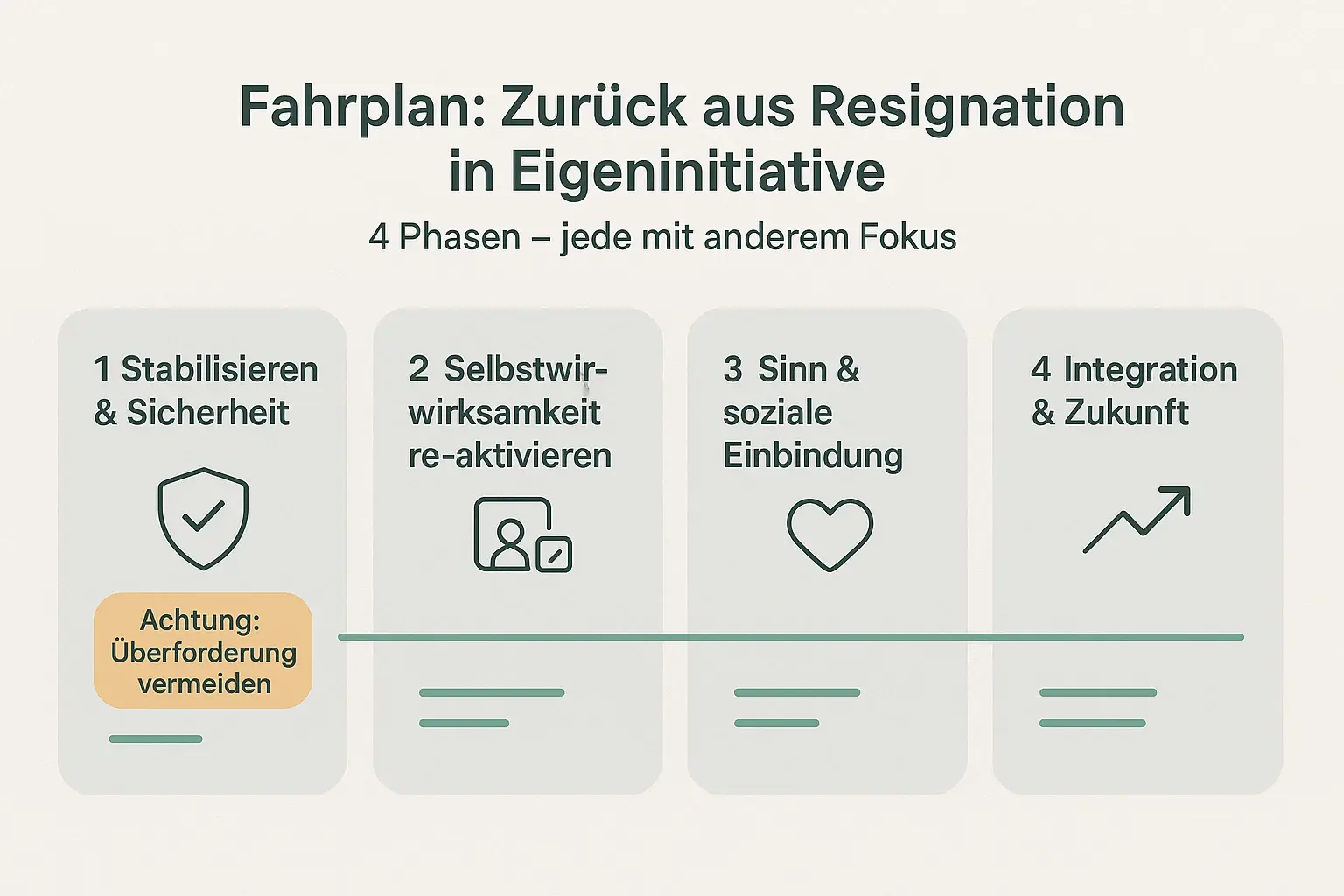 Ein strukturierter 4-Phasen-Fahrplan hilft Führungskräften, Interventionen passend zum Zustand der resignierten Person zu wählen – erst Sicherheit, dann Selbstwirksamkeit, Sinn und nachhaltige Integration.
