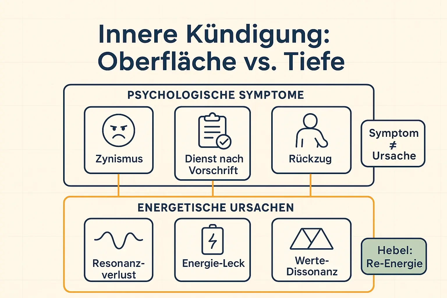 Diese Grafik trennt sichtbar Messbares (Symptome) von tieferliegenden Dynamiken (energetische Ursachen). So wird klar, warum reine „Symptombehandlung“ oft nicht zu nachhaltigem Re‑Engagement führt.