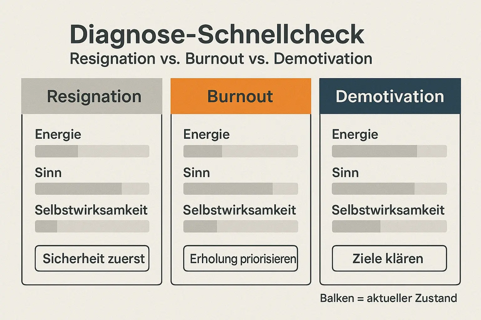 Der Schnellcheck macht sichtbar, worin sich Zustände unterscheiden – und welcher erste Schritt sinnvoll ist: Stabilisierung, Erholung oder Ziel- und Sinnklärung.