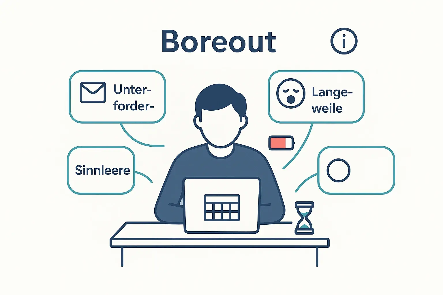 Das Bild verankert die Boreout-Definition: nicht „Faulheit“, sondern chronische Unterforderung, Langeweile und Sinnleere – oft mit dem paradoxen Gefühl, trotz Leerlauf erschöpft zu sein.