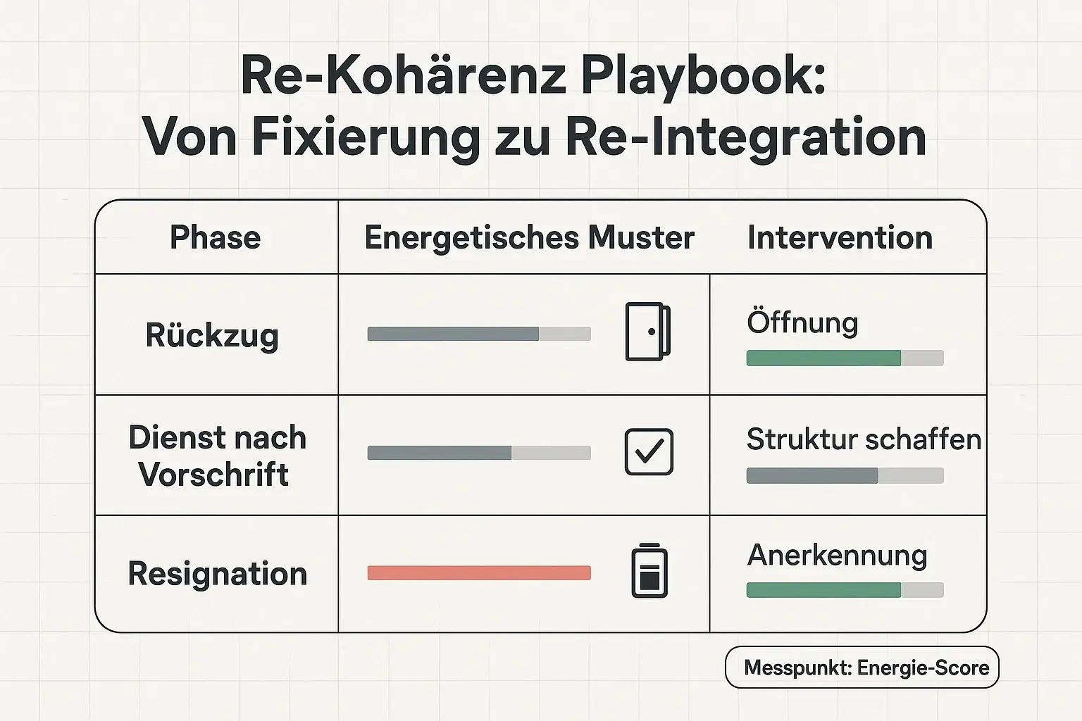 Das Playbook zeigt, welche Interventionen in späten Phasen am meisten Re‑Kohärenz erzeugen – und wie du Wirkung über einen Energie‑Score überprüfst.