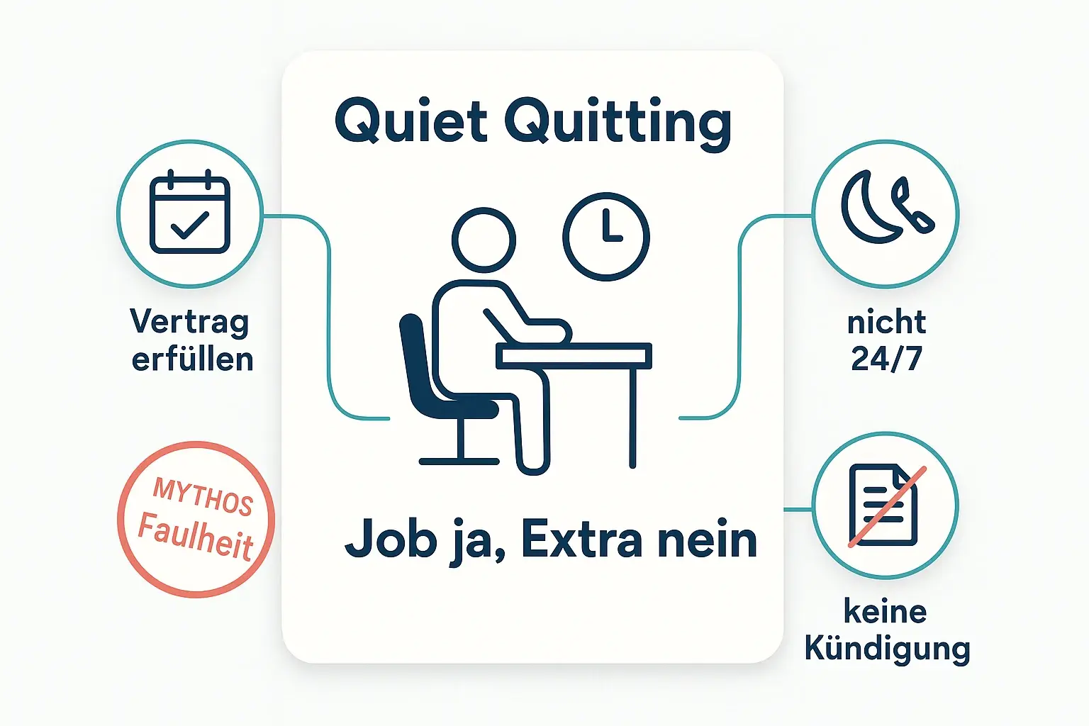 Die Kurzdefinition trennt Quiet Quitting von gängigen Missverständnissen: Man arbeitet zuverlässig im Rahmen des Vertrags, lehnt aber unbezahlte Extrameilen und ständige Erreichbarkeit ab.