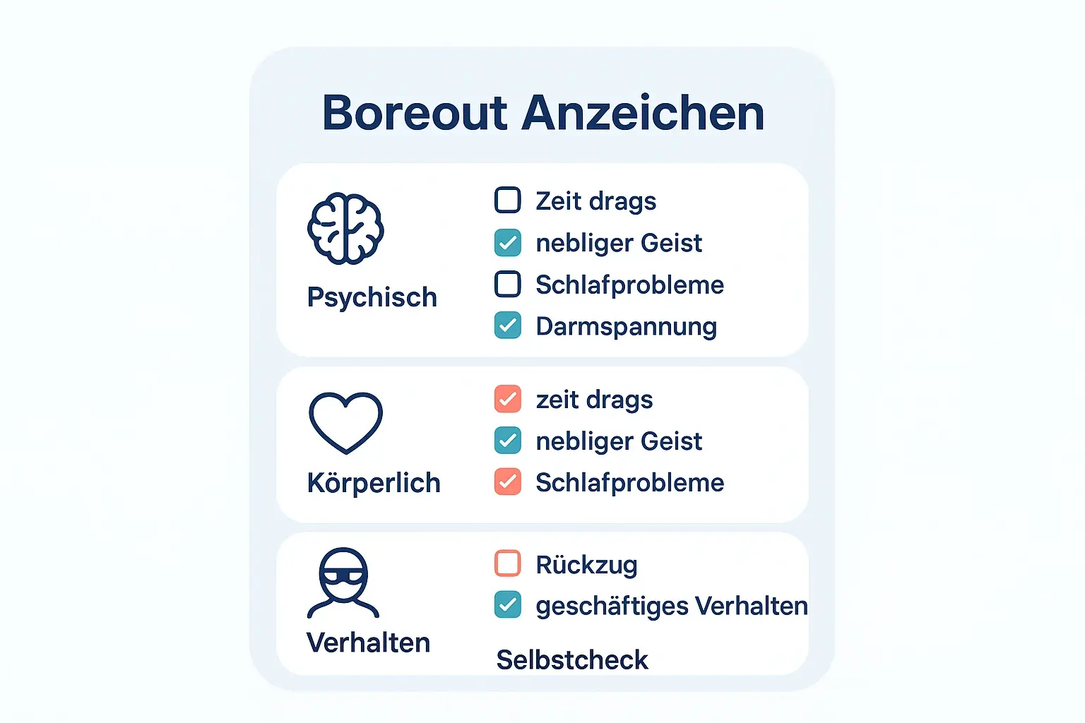 Eine skimmbare Checkliste: Boreout zeigt sich oft gleichzeitig psychisch, körperlich und im Verhalten (z. B. Rückzug, Schlafprobleme, Busy-Acting). Als Orientierung – keine Diagnose.