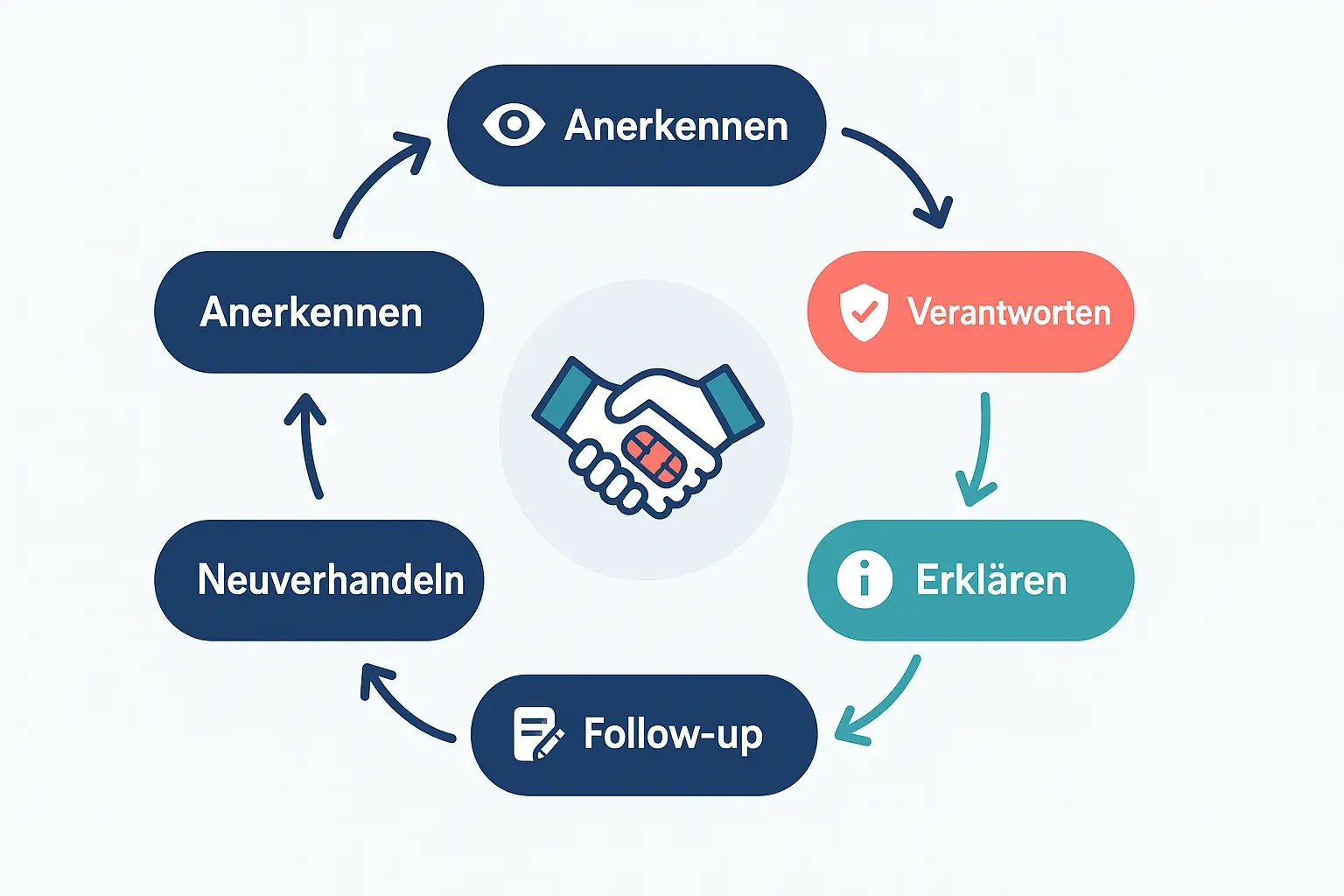 Das Reparaturprotokoll übersetzt „Kommunikation und Vertrauen“ in konkrete Führungsaktionen. Es hilft, nach einem wahrgenommenen Vertragsbruch strukturiert Verantwortung zu übernehmen und Erwartungen neu zu vereinbaren.