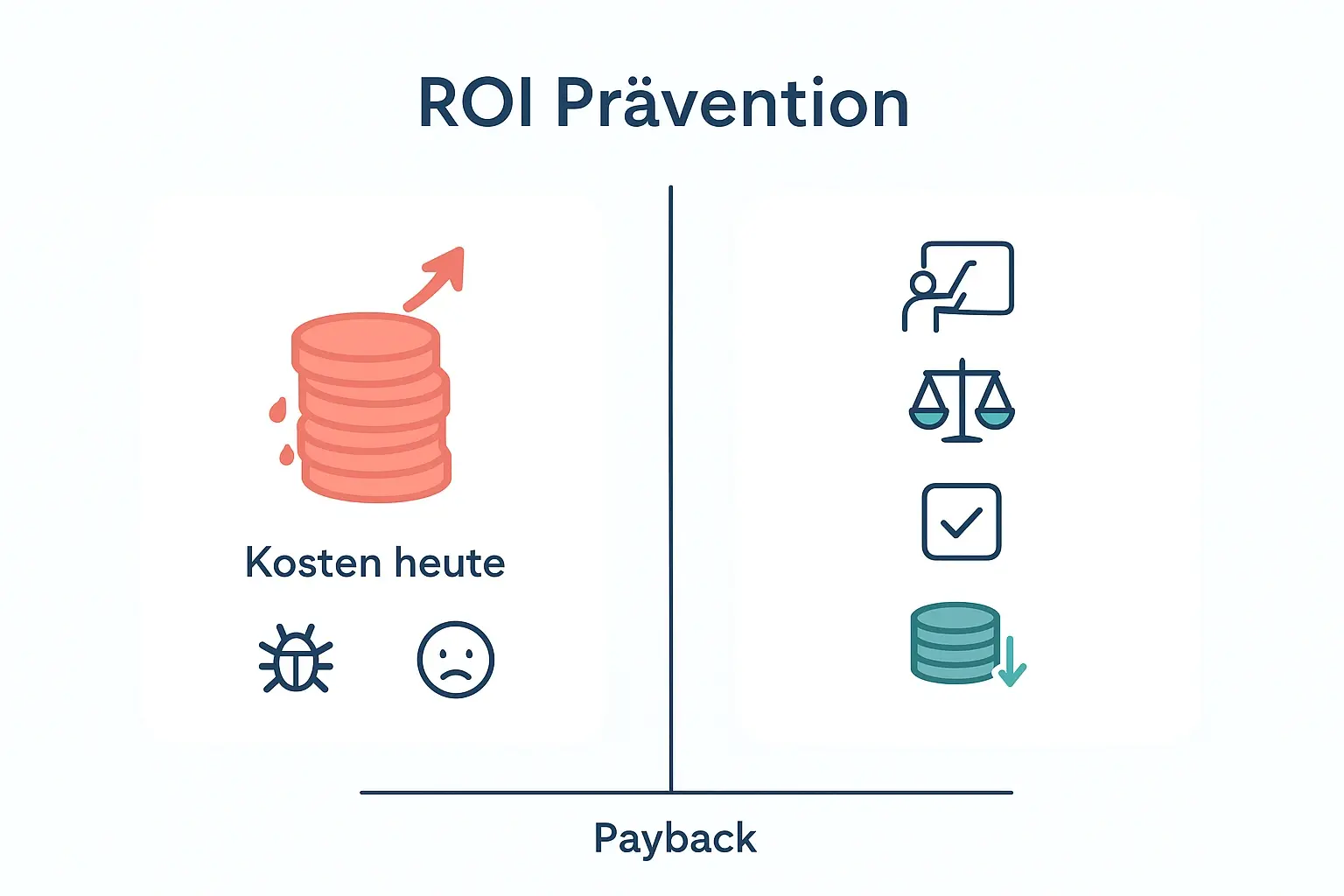 Der ROI entsteht, wenn Prävention günstiger ist als die Summe aus Qualitätsverlust, Kundenabwanderung und Recruiting-Reibung. Das Bild liefert die Logik, die viele TOFU-Artikel nur behaupten.