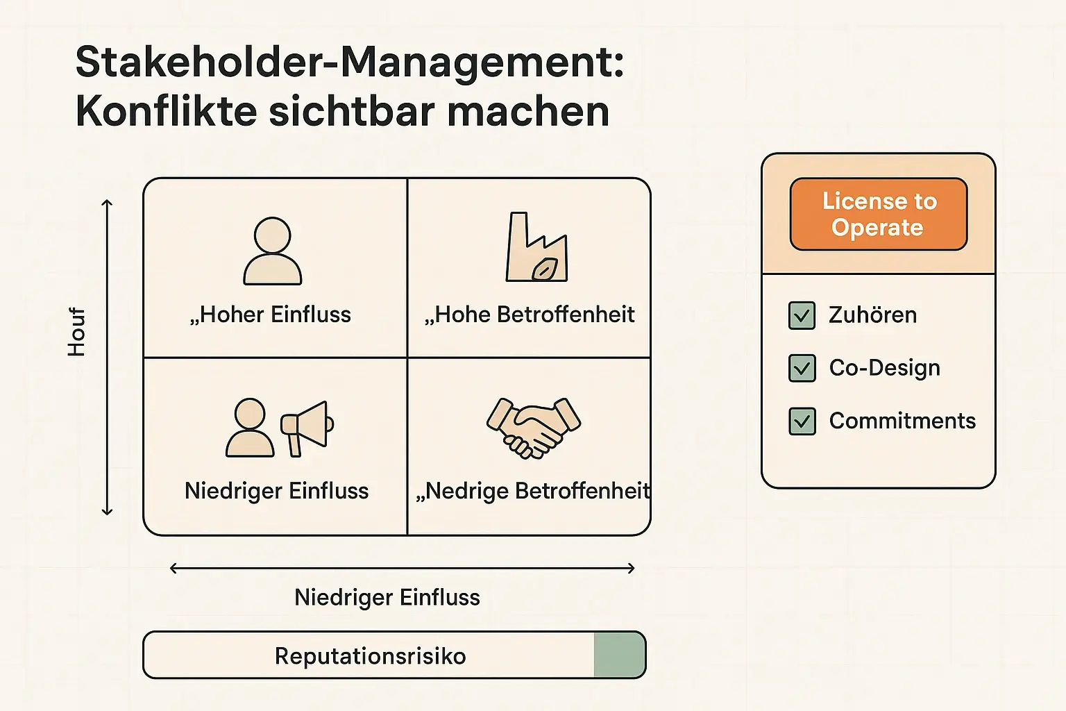 Wenn Stakeholder-Dynamiken sichtbar sind, werden Entscheidungen besser: Matrix plus Dialog-Plan hilft, Konflikte früh zu erkennen, Erwartungen zu managen und Reputationsrisiken systematisch zu senken.