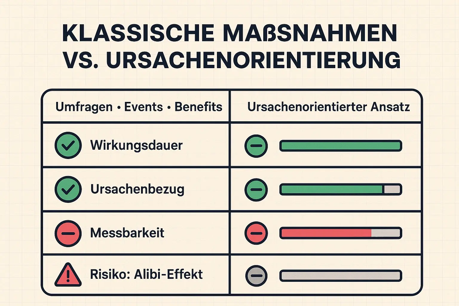 Diese Vergleichsmatrix zeigt nicht „mehr Maßnahmen“, sondern Kriterien: Wo Klassiker schnell verpuffen – und wann ein ursachenorientierter Ansatz die bessere Entscheidung ist.