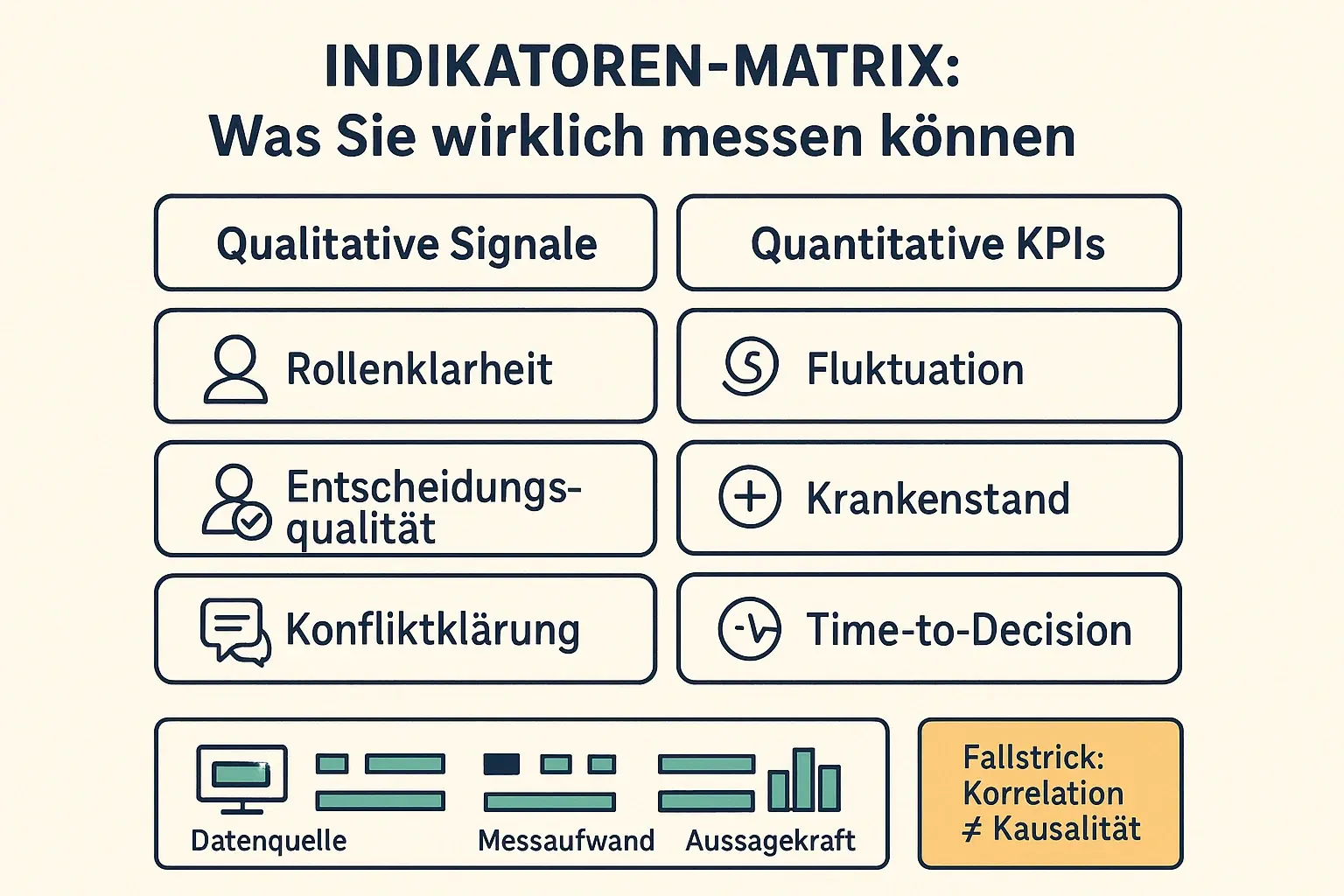 Diese Matrix hilft beim schnellen Vergleich: Welche Wirkungsindikatoren sind qualitativ beobachtbar und welche quantitativ messbar? Inklusive Hinweis auf typische Fallstricke bei Attribution und Interpretation.