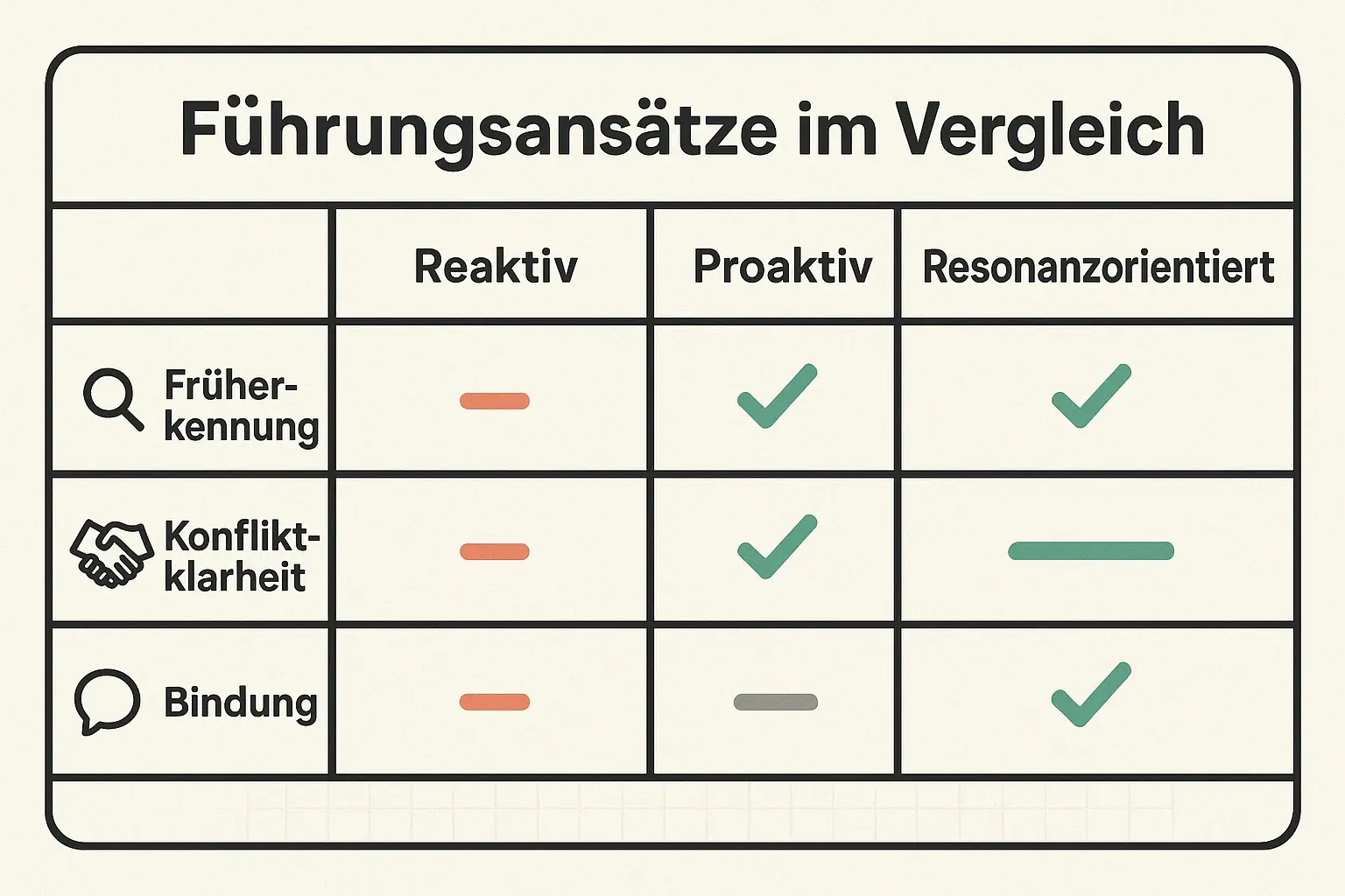 Der Vergleich macht sichtbar, welcher Führungsansatz bei Früherkennung, Konfliktklarheit und Bindung wirklich trägt – und warum Resonanzorientierung oft die stabilste Präventionsstrategie gegen stille Kündigung ist.