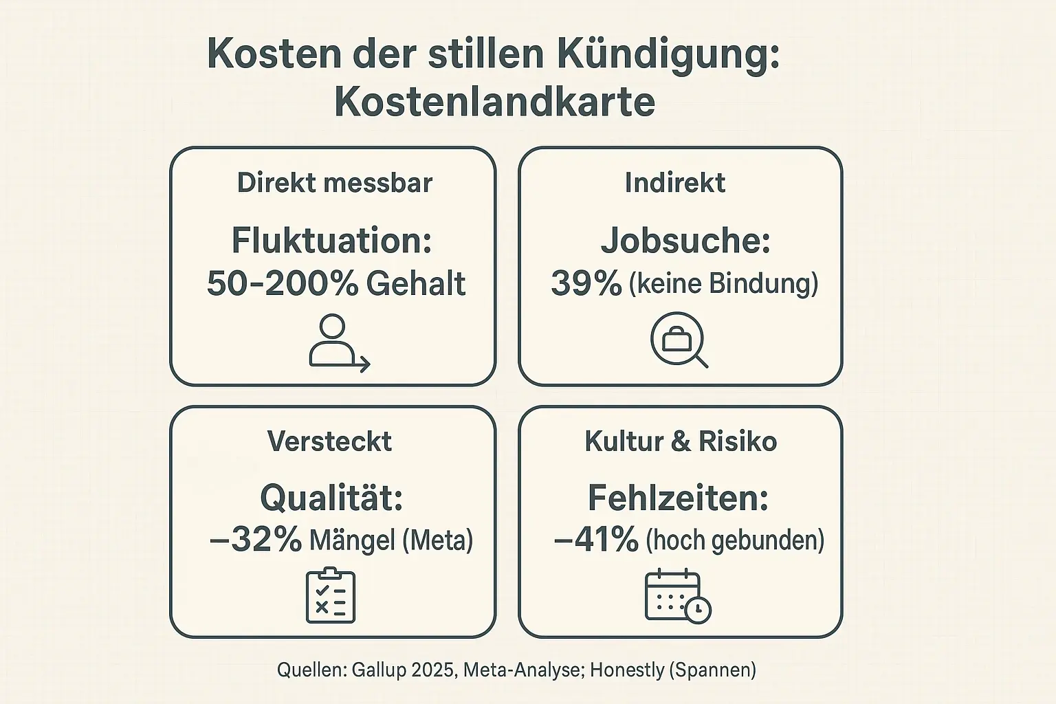 Eine Kostenrechnung wird erst überzeugend, wenn Kostenarten getrennt werden: direkt (Fluktuation), indirekt (Produktivität/Wechselabsicht), versteckt (Qualität), plus Kultur- und Risikoeffekte. Diese Map zeigt die wichtigsten Hebel auf einen Blick.