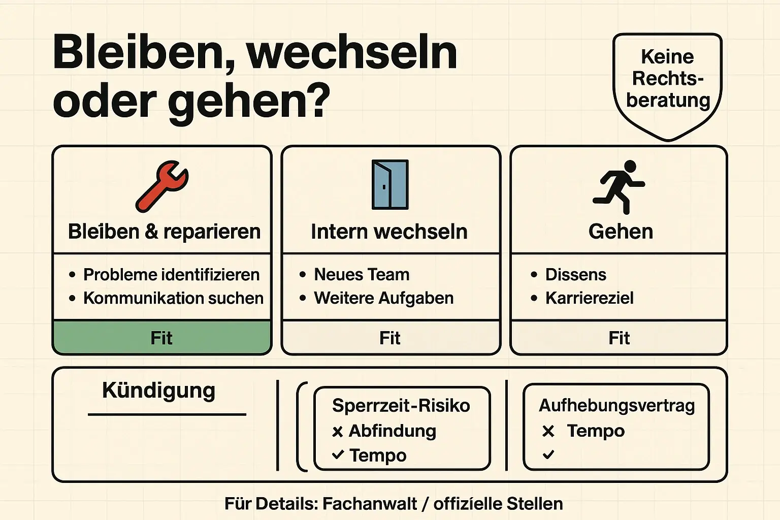 Ein psychologischer Optionsvergleich: Du bewertest Veränderbarkeit der Ursachen, Energie und Risiken – und erhältst eine klare Brücke zur späteren Rechtsentscheidung (Kündigung vs. Aufhebungsvertrag).