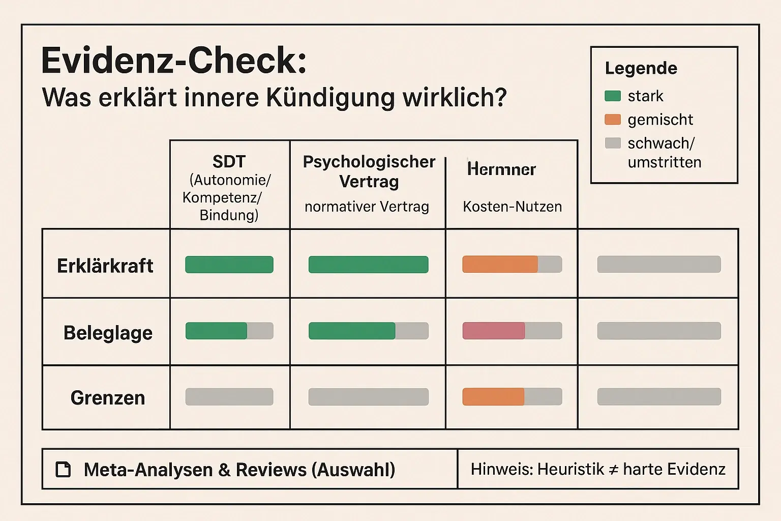 Diese Evidenz-Ampel zeigt, welche Modelle die Mechanik hinter innerer Kündigung am besten erklären – und wo Klassiker wie Maslow/Herzberg eher als Heuristik taugen.